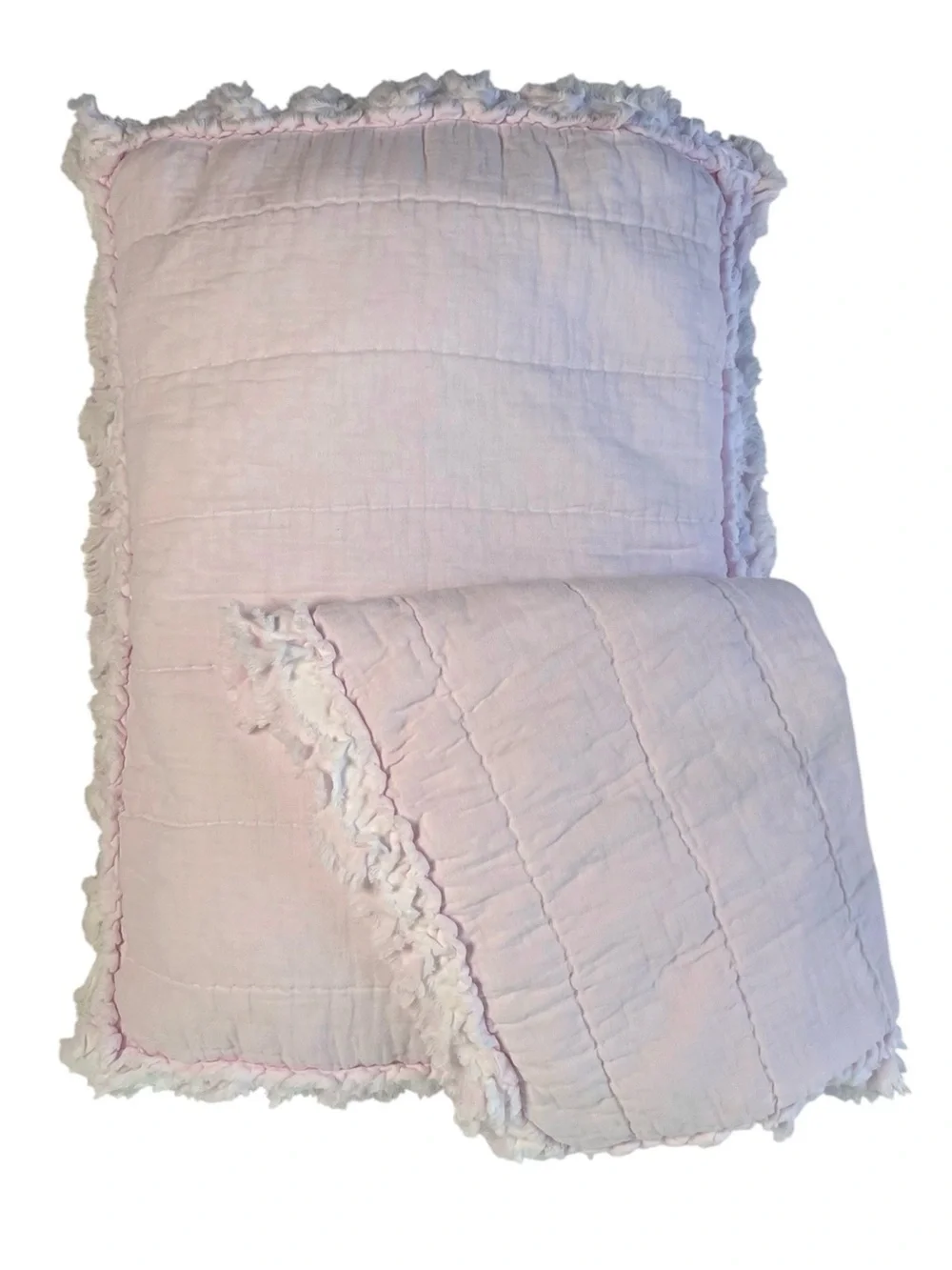 2 Boho Feminine Raw Edge Pillow Shams Quilted Pale Pink 100% Cotton CottageCore